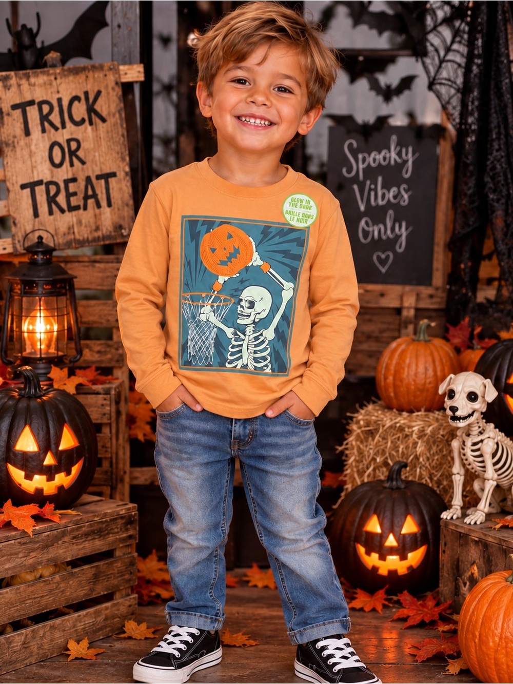 Tommy Bahama Kids Halloween Long-Sleeve Skeleton Basketball Tee